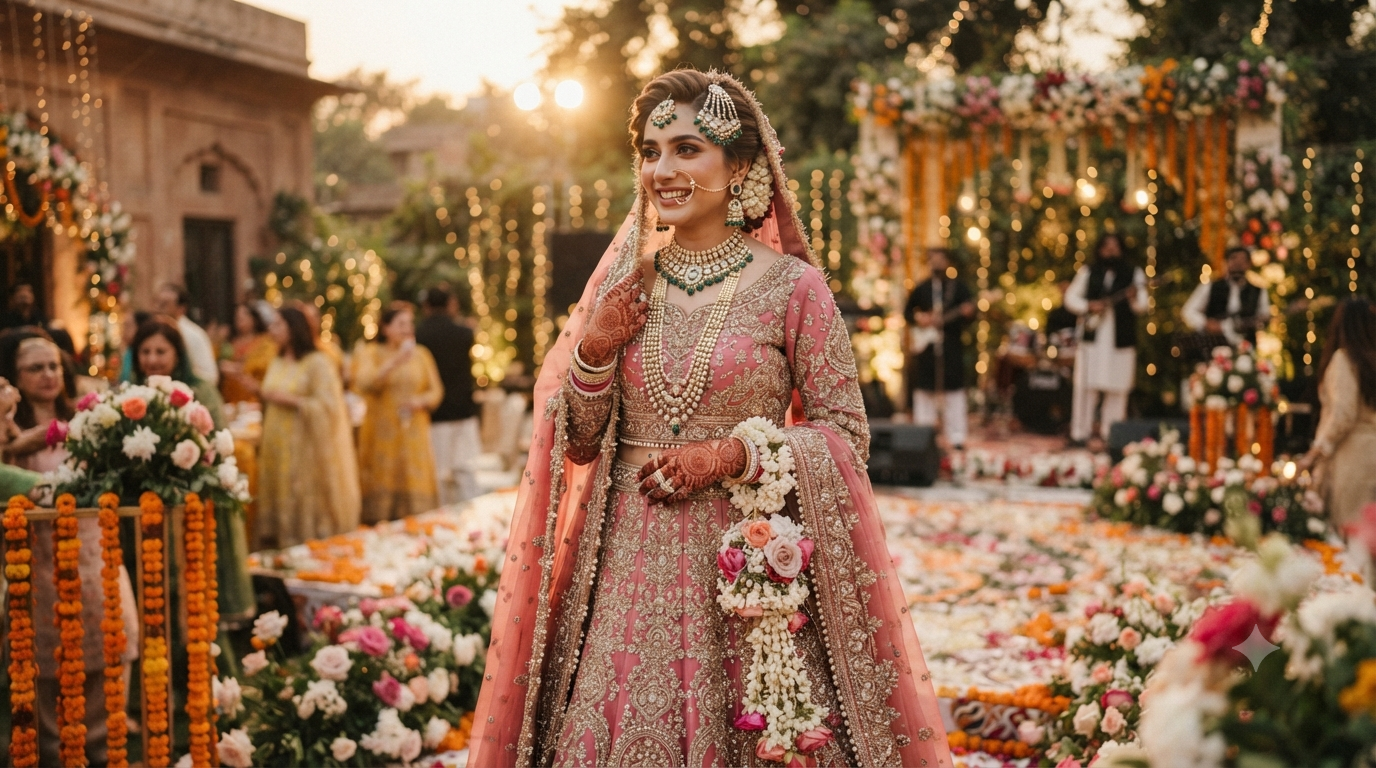 Luxury Pakistani bridal lehenga showcasing the latest bridal colour trends for weddings in 2026.