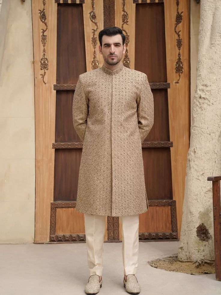 Beige Zardozi Embroidered Groom Sherwani