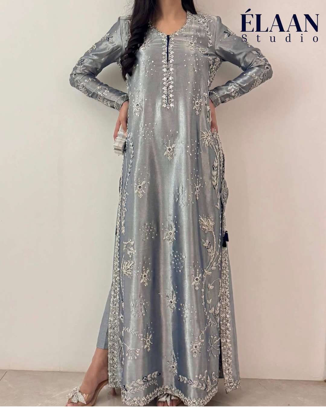 3pc  organza Silver embroidered dress 