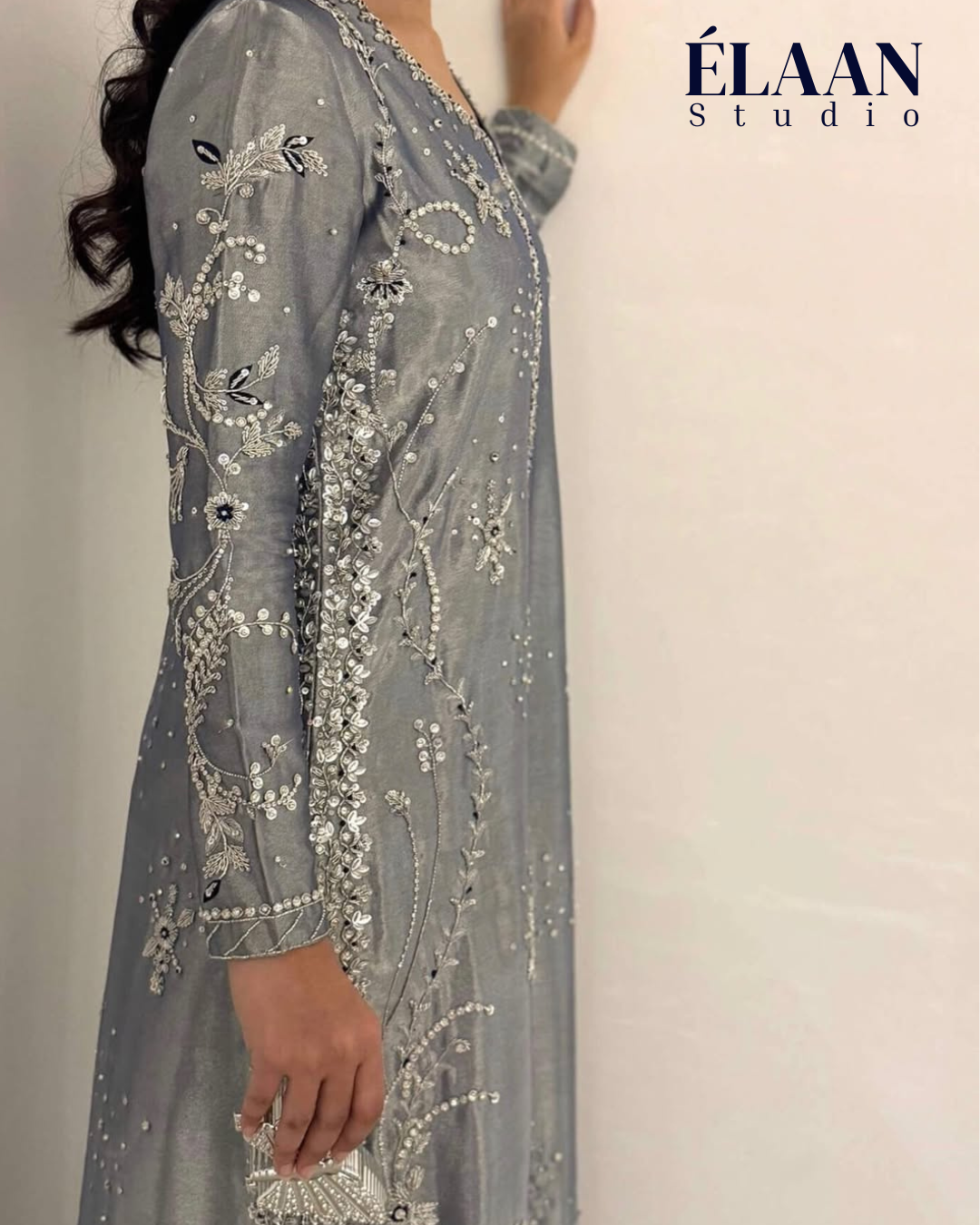 3pc Elegant grey and silver embroidered dress organza 