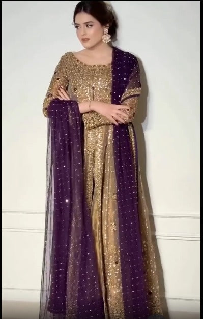 Model wearing gold embellished straight-cut suit with purple net dupatta, front view - Èlaan Studio formal party wear