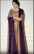 Model wearing gold embellished straight-cut suit with purple net dupatta, front view - Èlaan Studio formal party wear