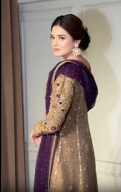 Side view of gold embroidered formal suit showing embellished sleeve detail and purple dupatta - Èlaan Studio Pakistani wedding wear