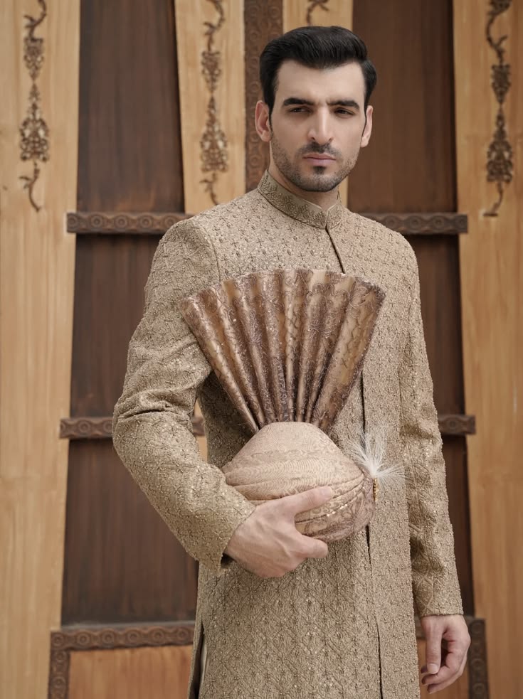 Beige Zardozi Embroidered Groom Sherwani