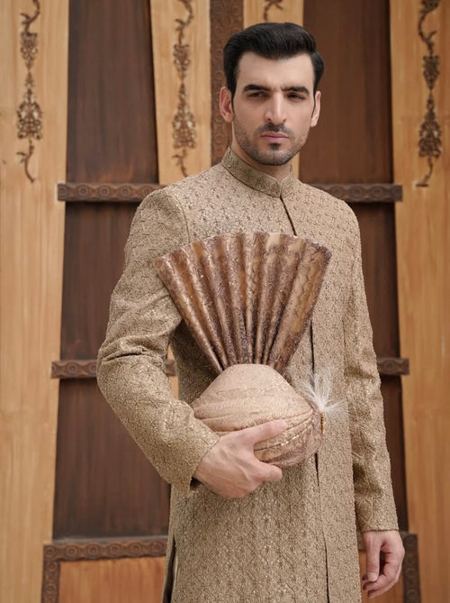 Beige Zardozi Embroidered Groom Sherwani